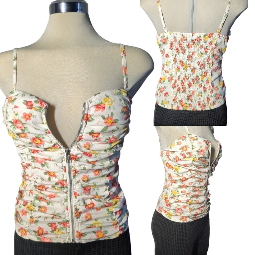 New Designer Luxury Beige Floral Crop top Size S